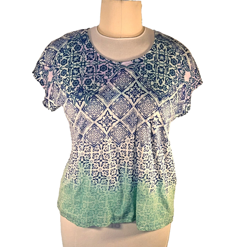 Chico's - Tee Shirt Women's XL (3) Cotton Short Sleeve Crew Neck Tile Print